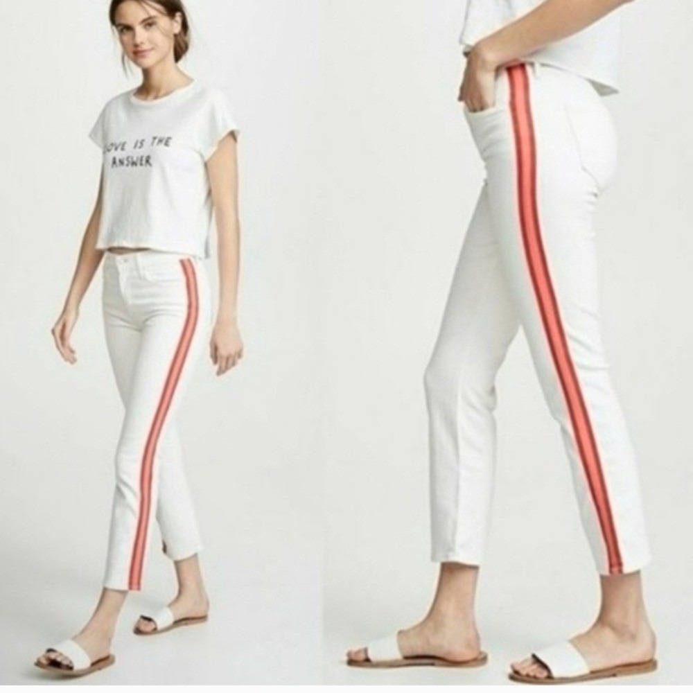 MOTHER The Insider Crop Step Fray White Jeans Red Side Stripe Size 27